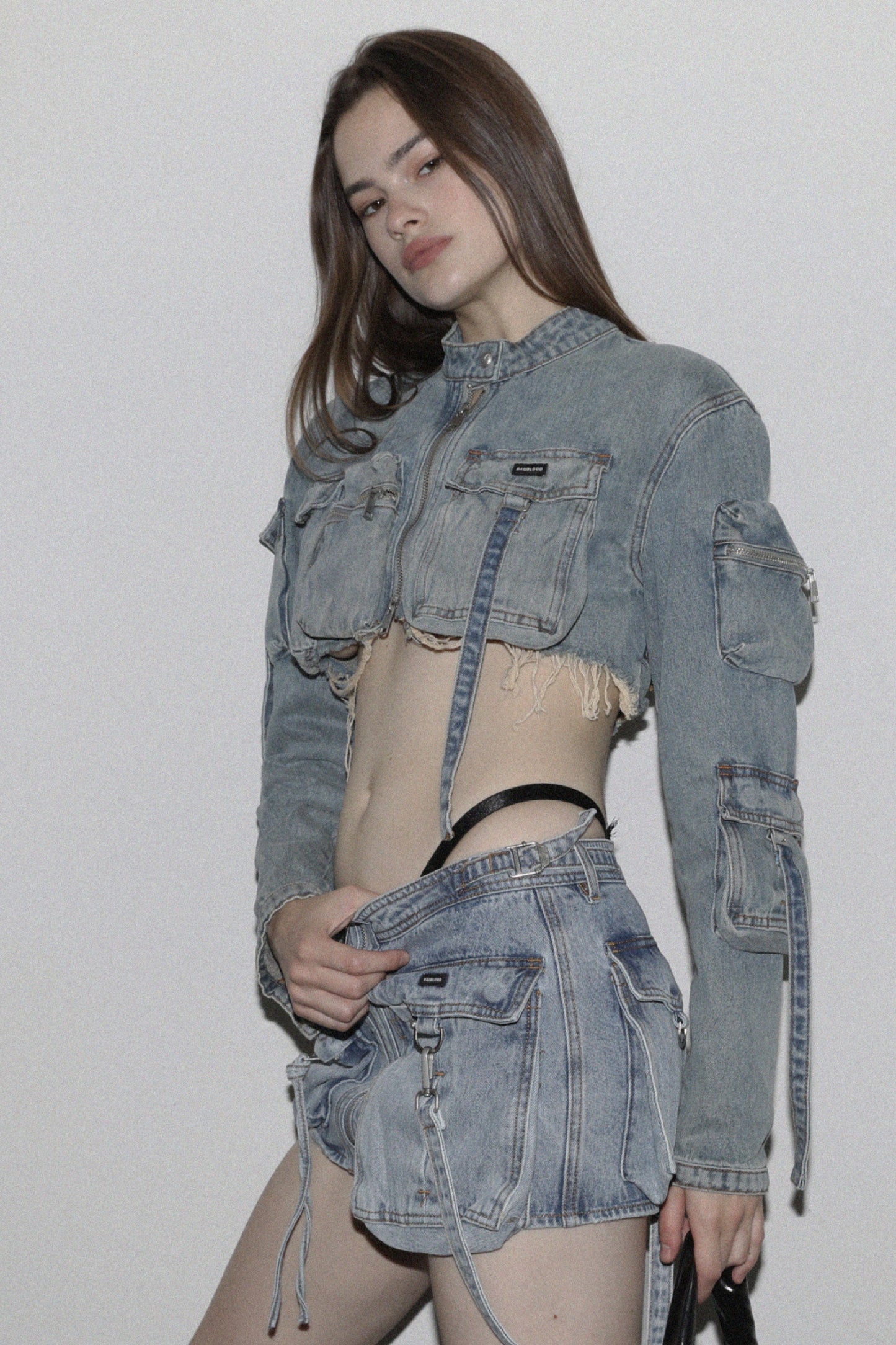 Badblood Bonnie Denim Cargo Mini Skirt Mid Blue