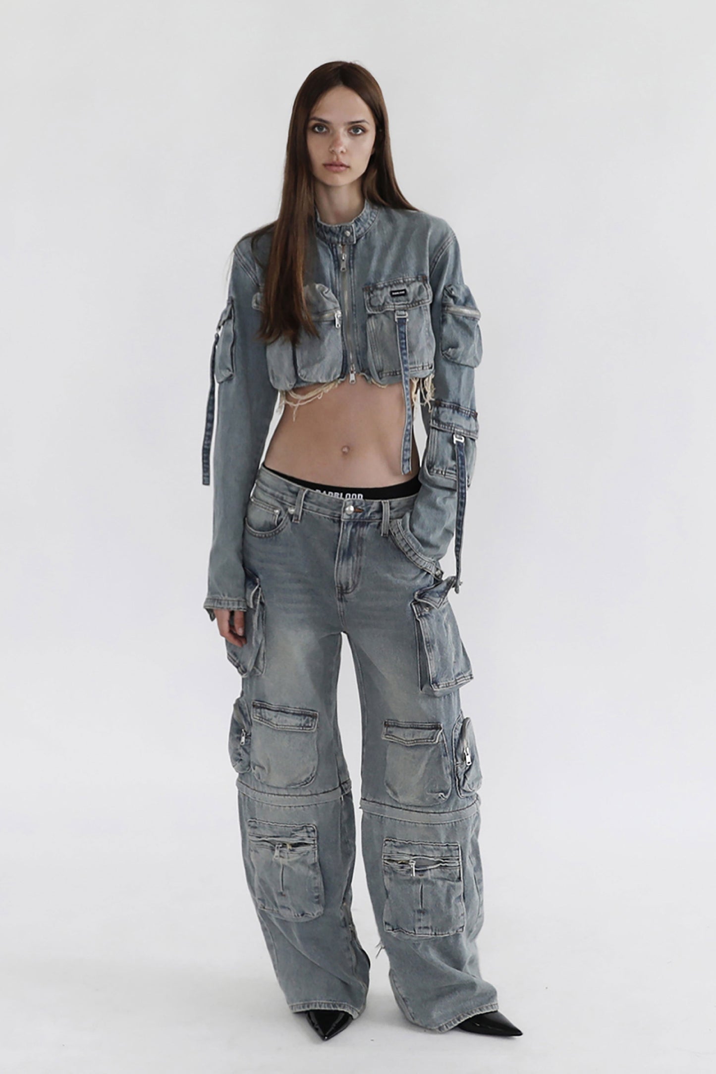 Badblood Bonnie Denim Cargo Crop Jacket Sky Blue