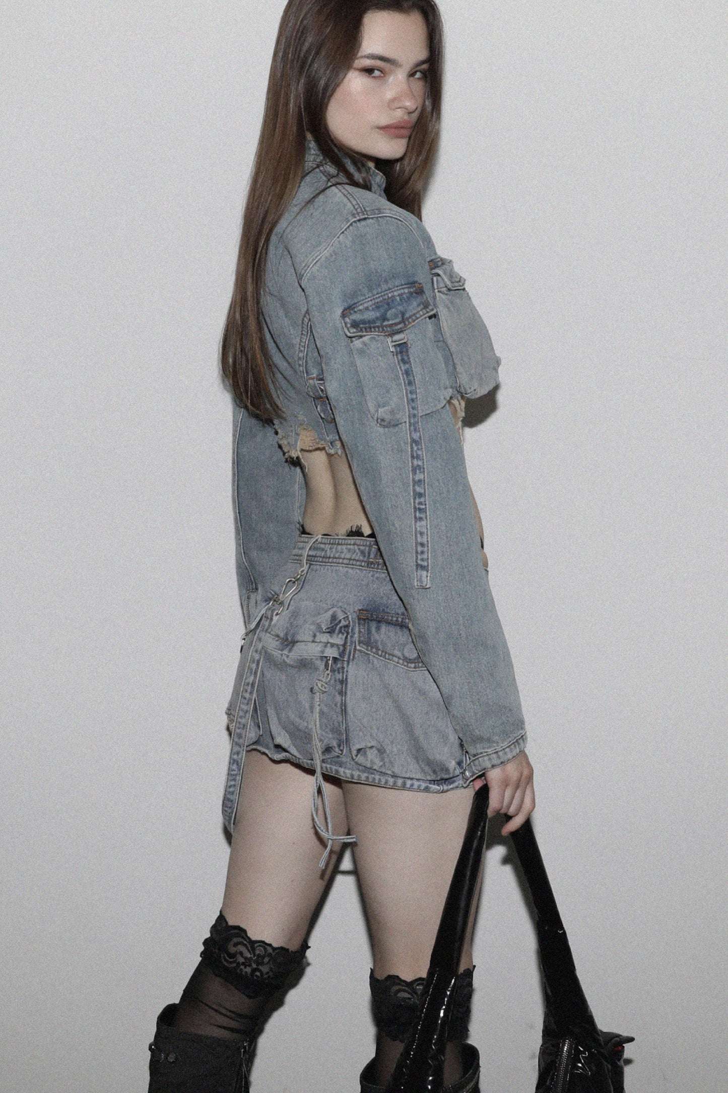 Badblood Bonnie Denim Cargo Mini Skirt Mid Blue