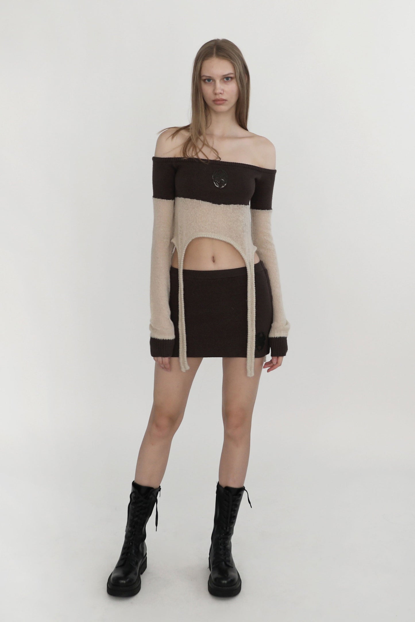 Badblood Kiddo Knit Off Shoulder Top Cream/Brown