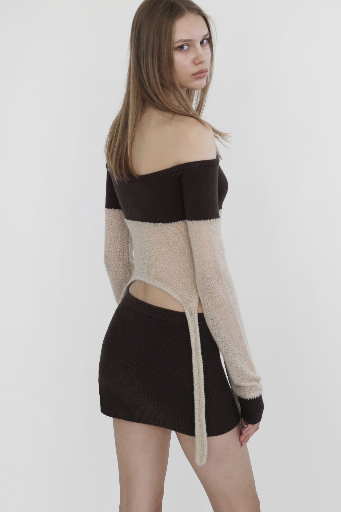 Badblood Kiddo Knit Off Shoulder Top Cream/Brown