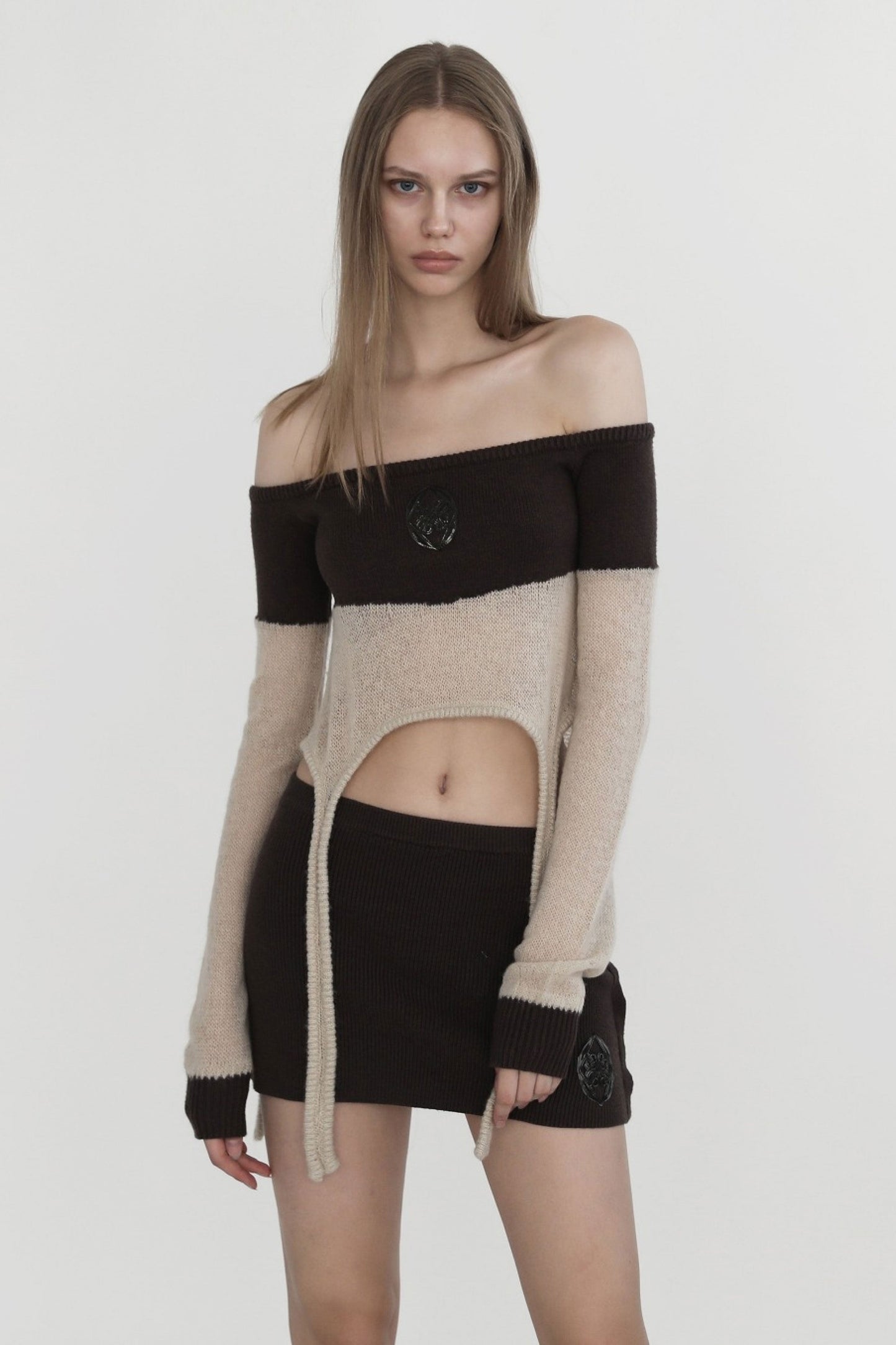 Badblood Kiddo Knit Off Shoulder Top Cream/Brown