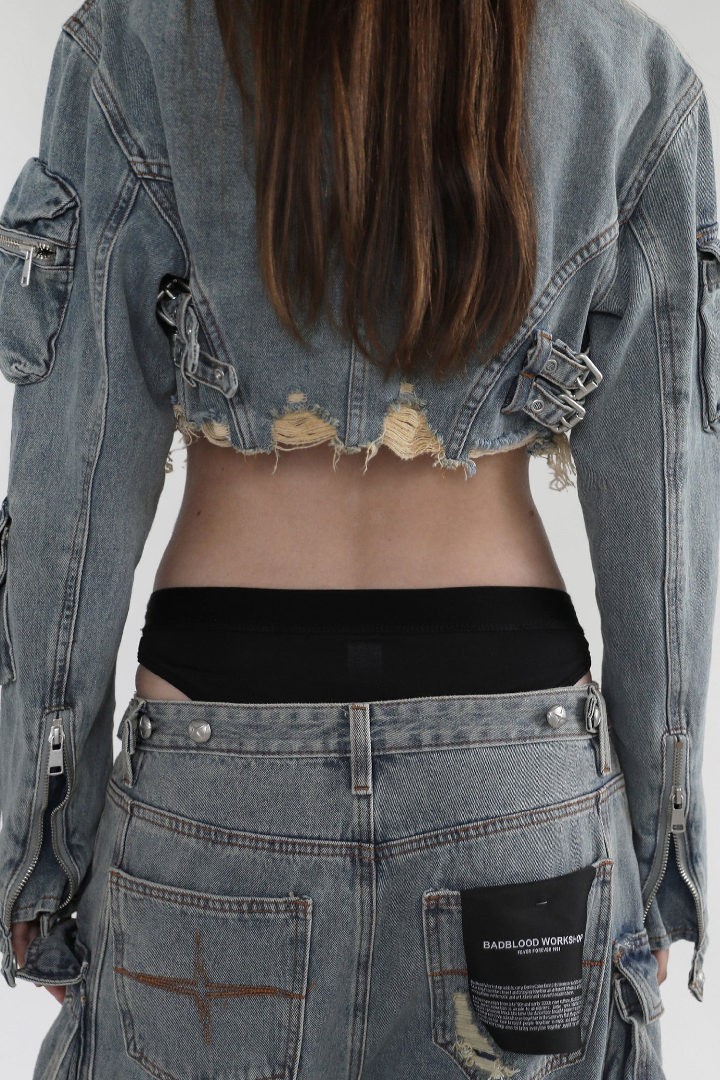 Badblood Bonnie Denim Cargo Crop Jacket Sky Blue