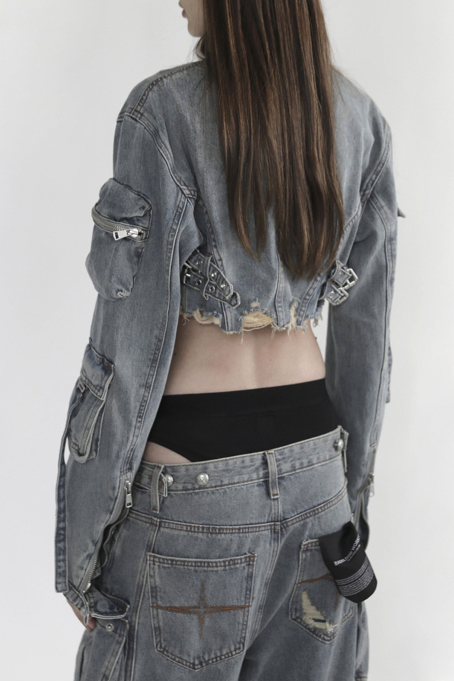 Badblood Bonnie Denim Cargo Crop Jacket Sky Blue