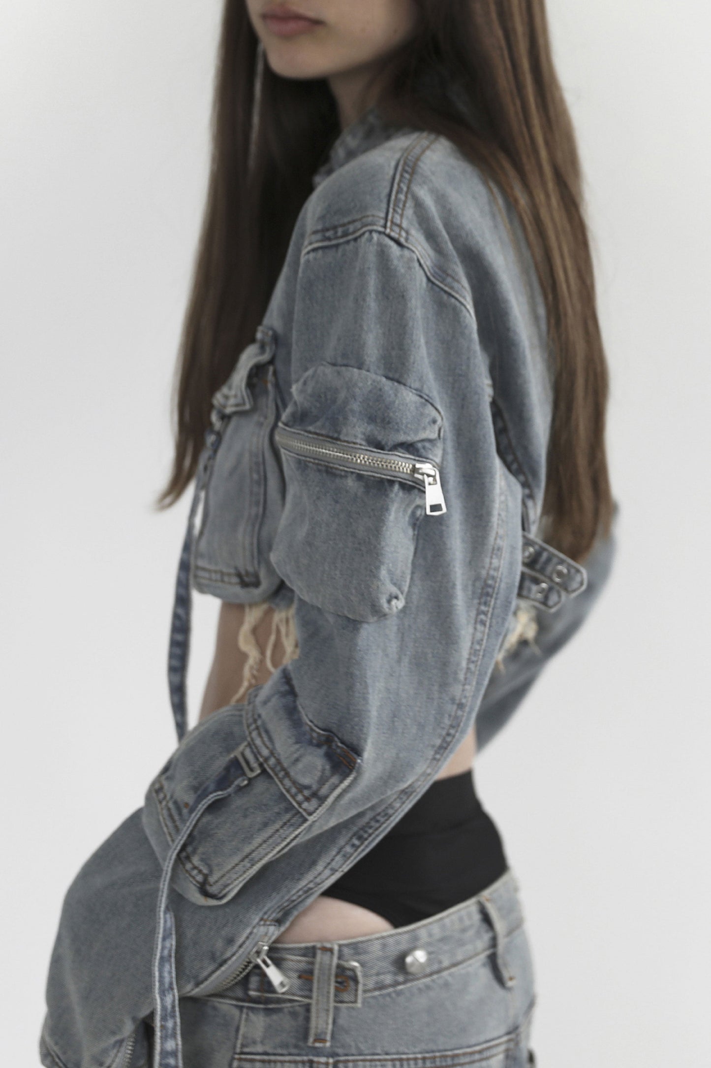 Badblood Bonnie Denim Cargo Crop Jacket Sky Blue