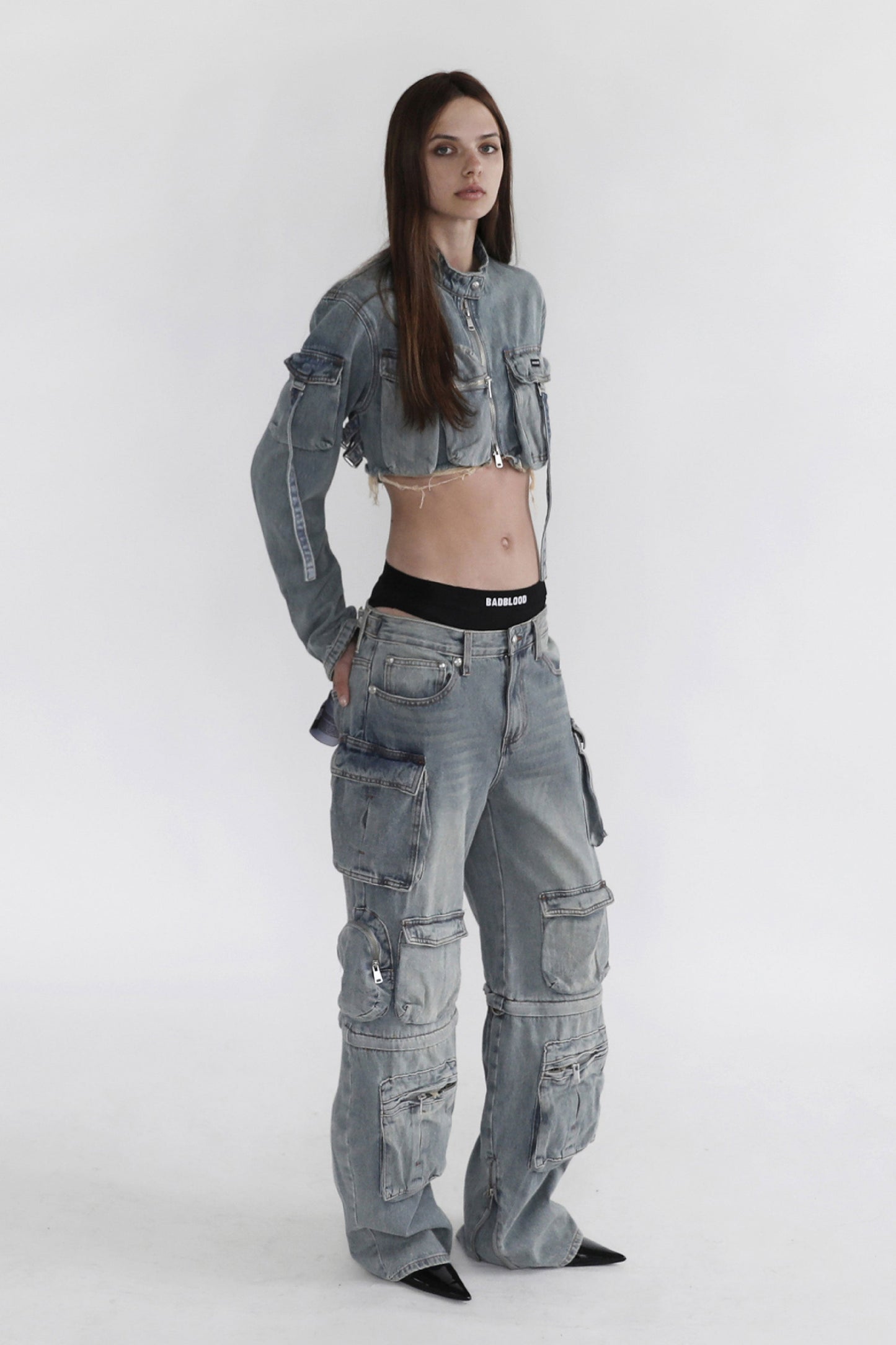 Badblood Bonnie Denim Cargo Crop Jacket Sky Blue