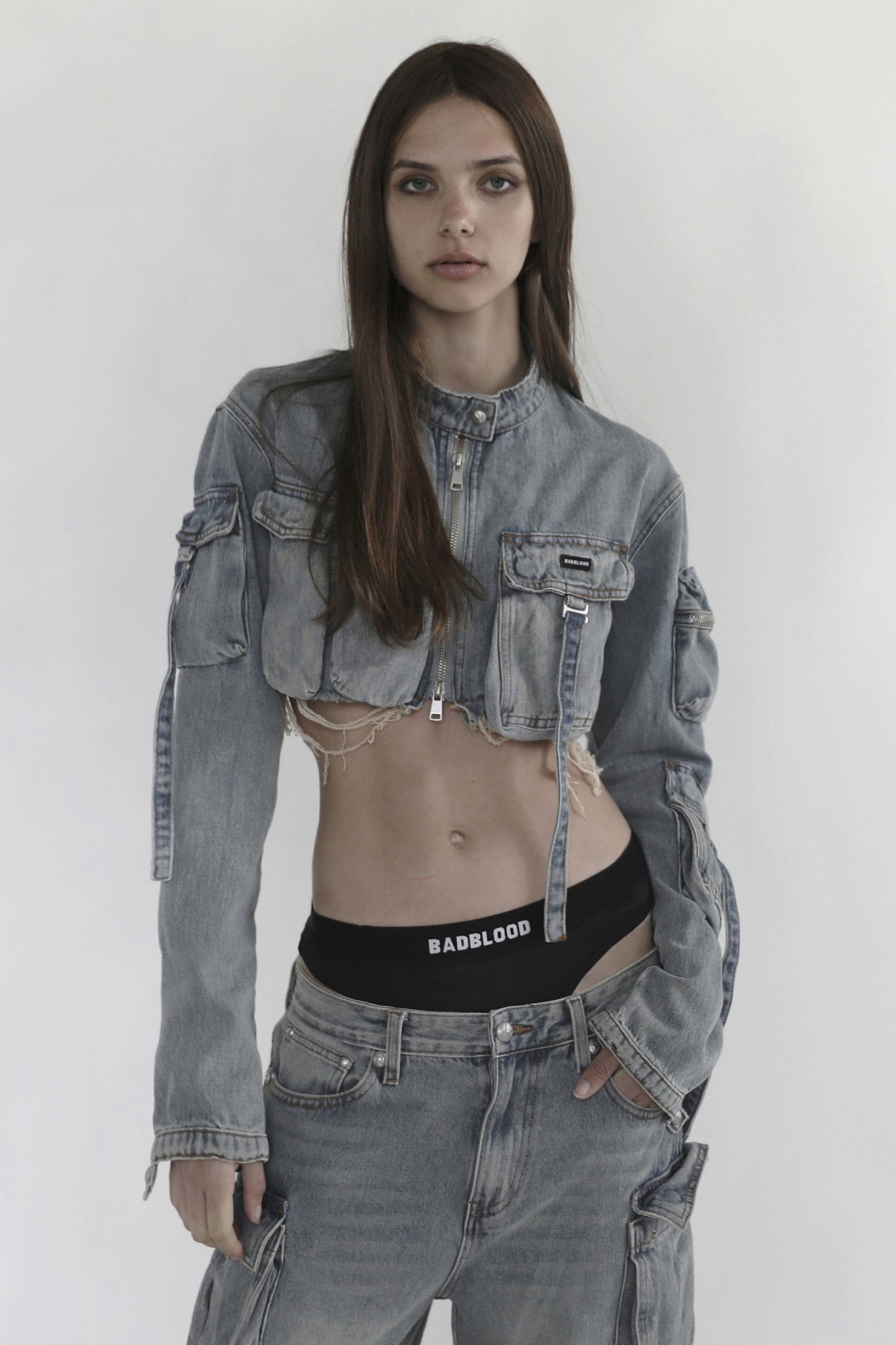 Badblood Bonnie Denim Cargo Crop Jacket Sky Blue